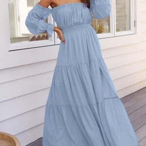 ZESICA Womens Boho Sexy Off Shoulder Long Sleeve Smocked  A line Maxi dress Sz M